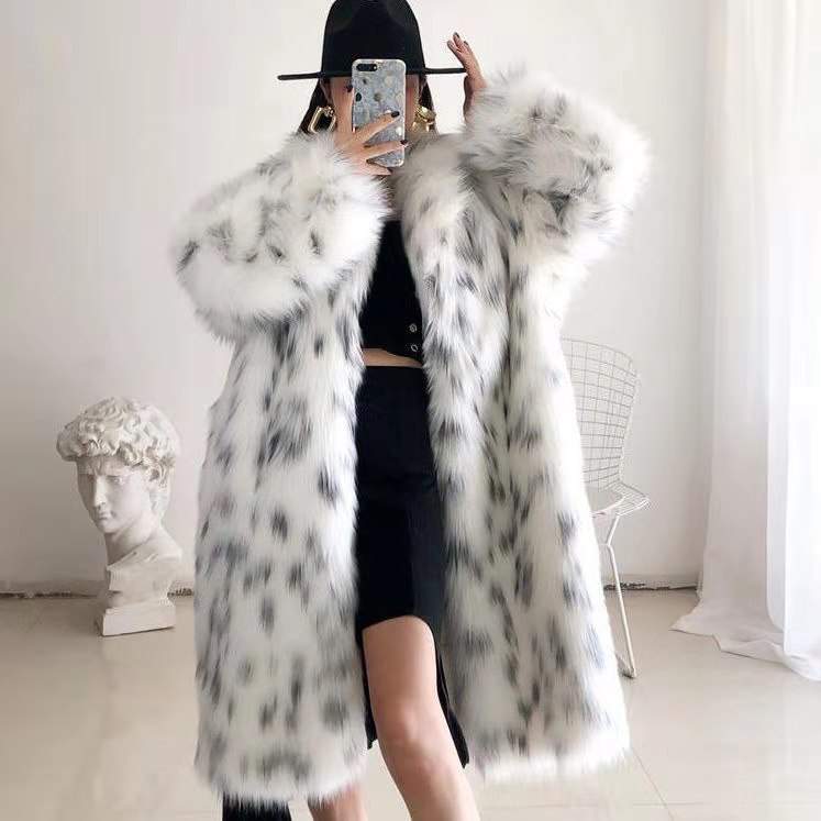 BOBCAT LEOPARD PRINT FUR WOMEN S LONG YOUNG LAPEL FOX FUR COAT