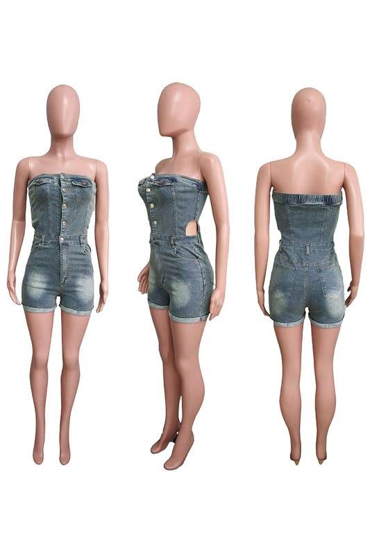 STRAPLESS DENIM ROMPERS