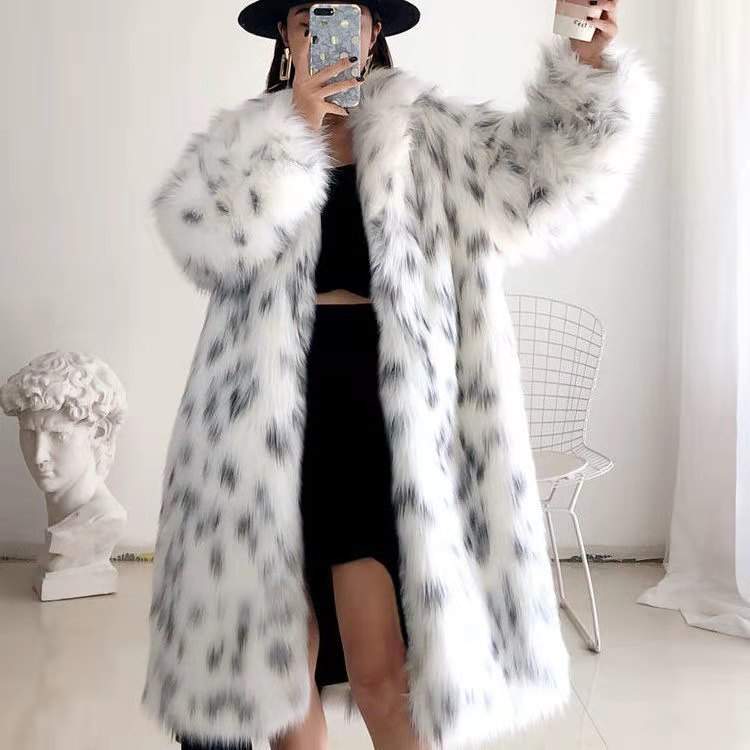 BOBCAT LEOPARD PRINT FUR WOMEN S LONG YOUNG LAPEL FOX FUR COAT