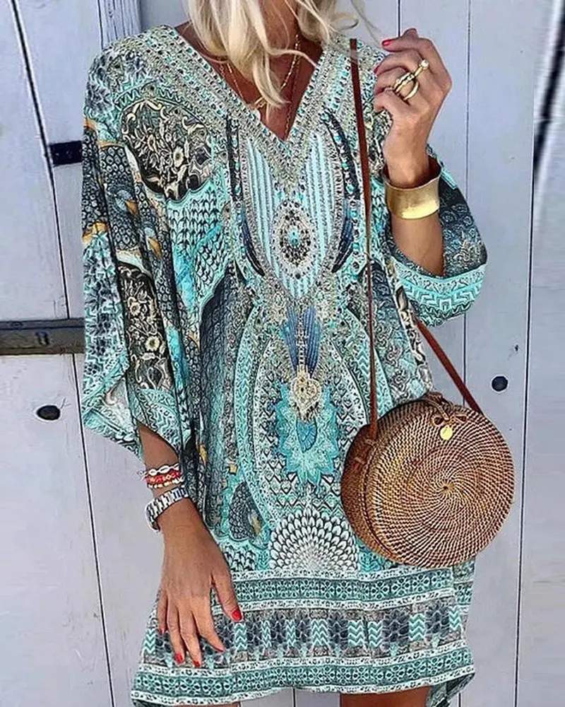 RETRO TRIBAL PRINT V NECK CASUAL DRESS