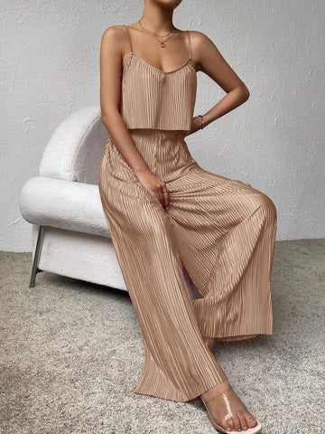 ESSNCE WOMEN SOLID COLOR PLISSE CAMI TOP ELASTIC WAIST LONG PANTS SET TWO PIECES