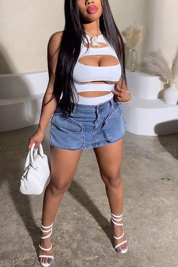 DENIM MULTIPLE POCKETS MINI SKIRT