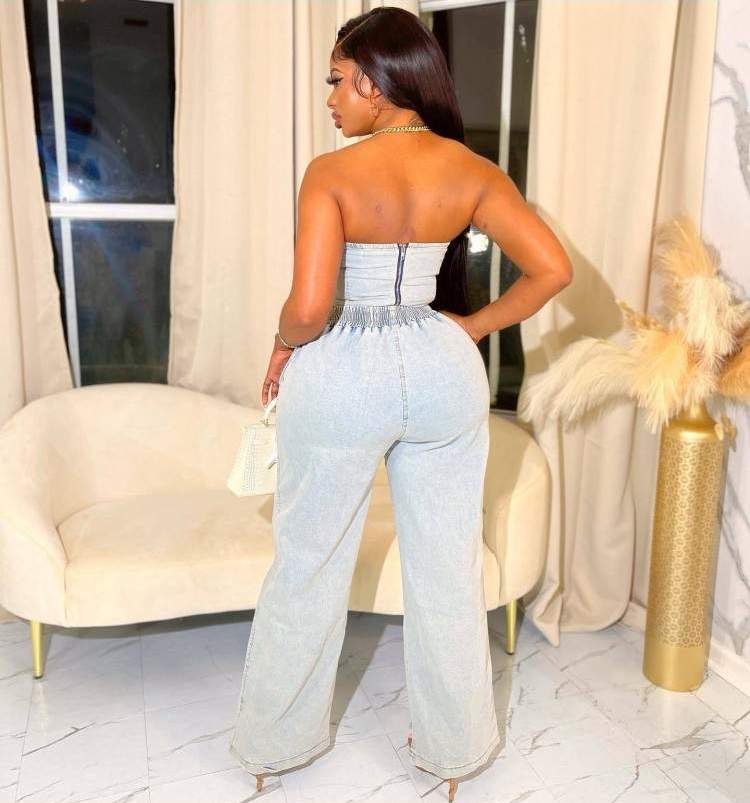 FASHION STRAPLESS DENIM TWO PIECE PANTS SETS