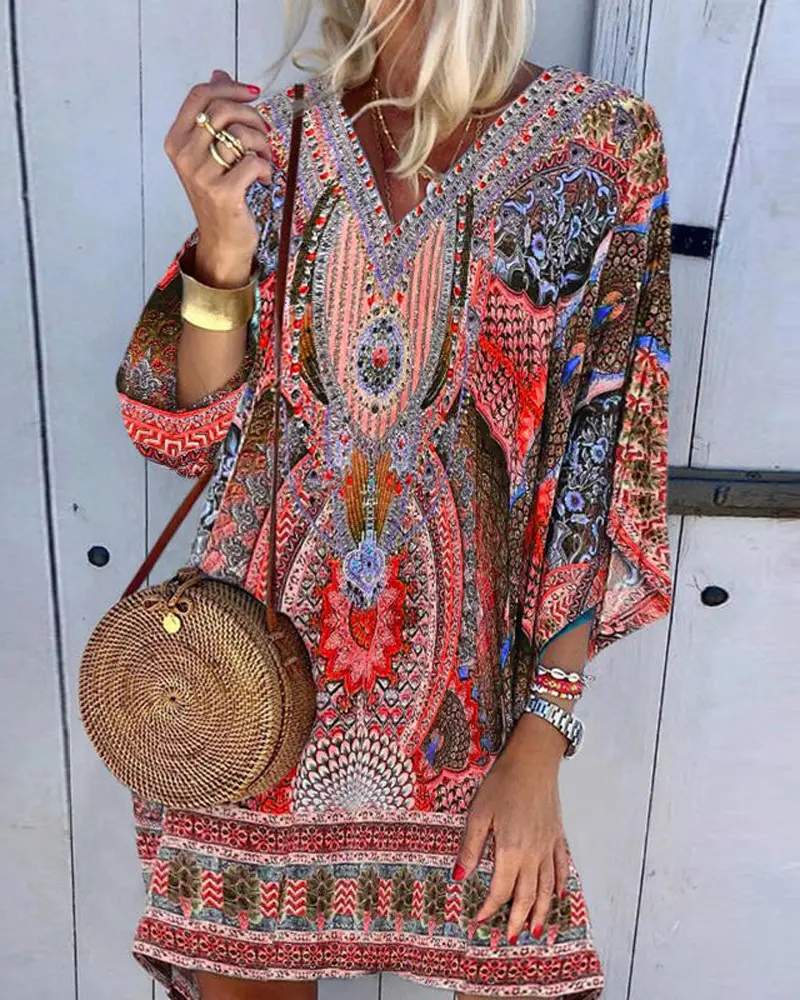 RETRO TRIBAL PRINT V NECK CASUAL DRESS