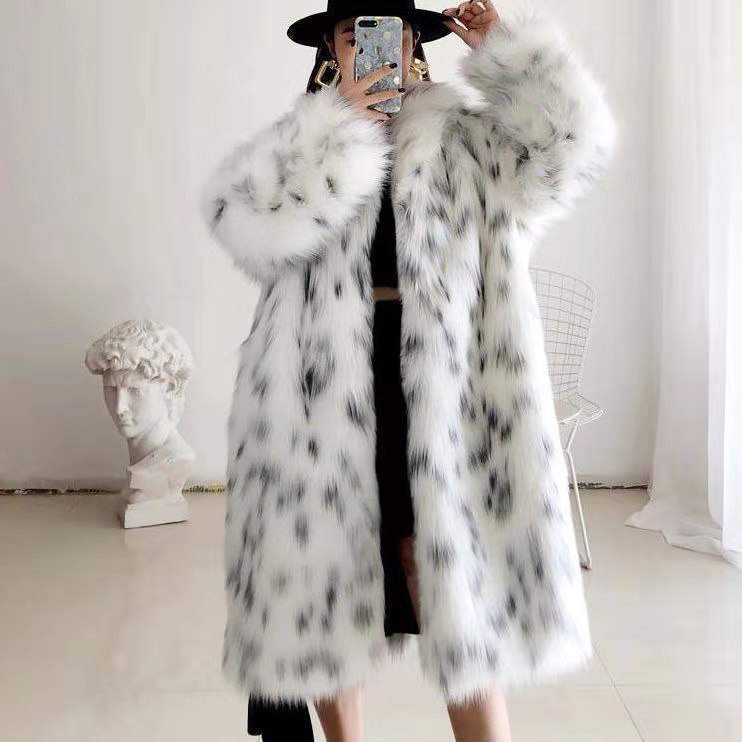 BOBCAT LEOPARD PRINT FUR WOMEN S LONG YOUNG LAPEL FOX FUR COAT