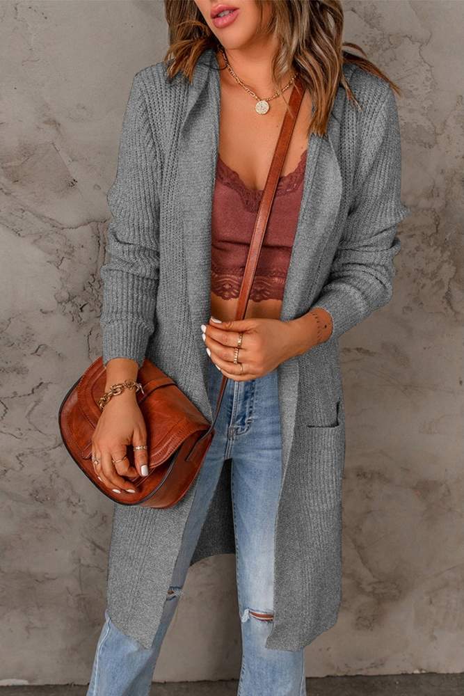 HOODED SOLID LONG SLEEVE MID LENGTH SWEATER