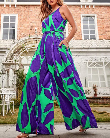 GRAPHIC PRINT WIDE LEG JUMPSUIT WITH BELT