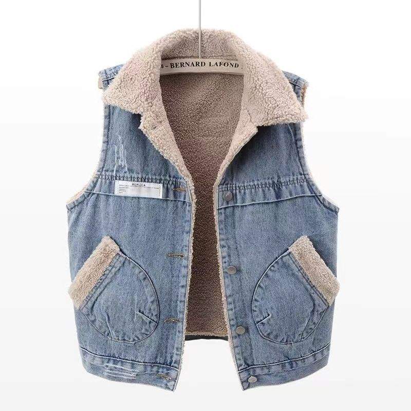LAMB WOOL FLEECE LINED THICKENED PATCH DENIM VEST   WAISTCOAT