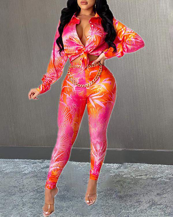 NEW Tropical Print Buttoned Top High Waist Pants Set