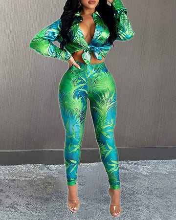 NEW Tropical Print Buttoned Top High Waist Pants Set