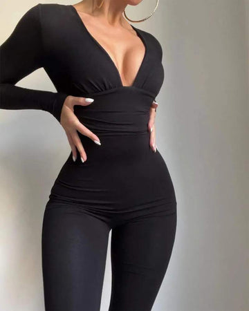 LONG SLEEVE DEEP V NECK SKINNY JUMPSUIT