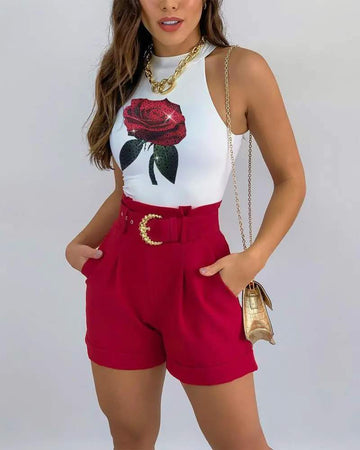 ROSE PRINT TANK TOP POCKET DESIGN SHORTS SET WITH BELT