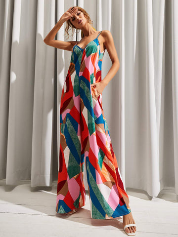 LUUKSE BACKLESS PATCHWORK PRINT WIDE LEG CAMI JUMPSUIT