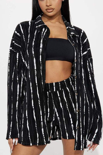 STRIPED PRINT PLEATS SHIRT AND SHORTS SET