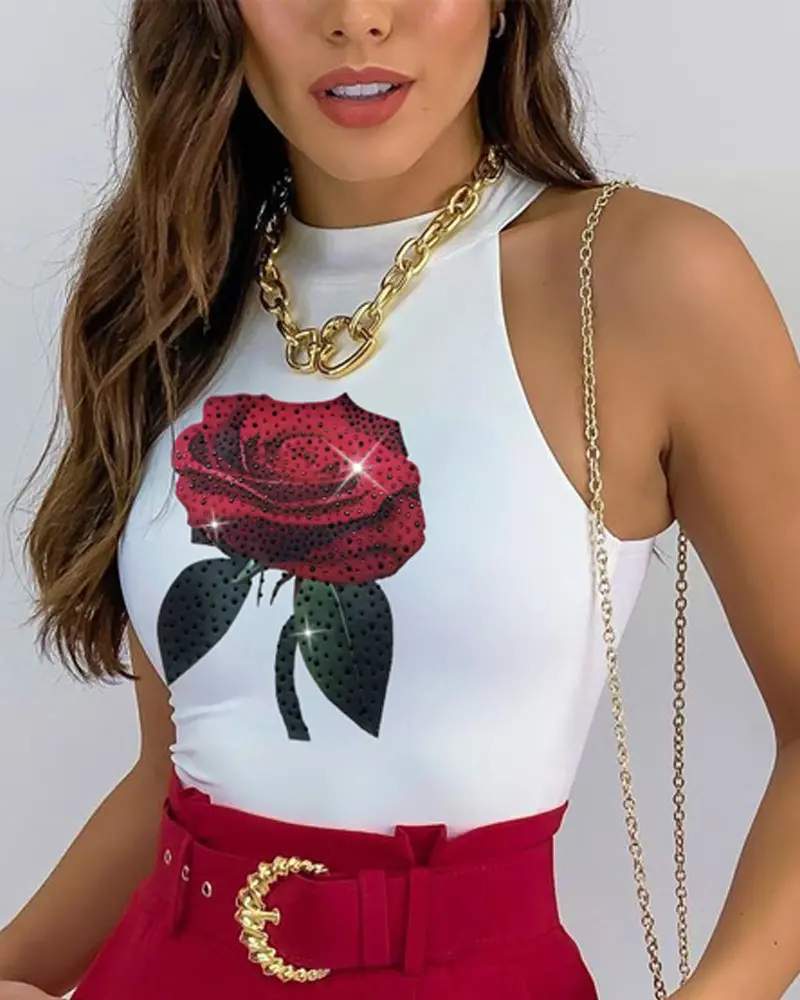 ROSE PRINT TANK TOP POCKET DESIGN SHORTS SET WITH BELT