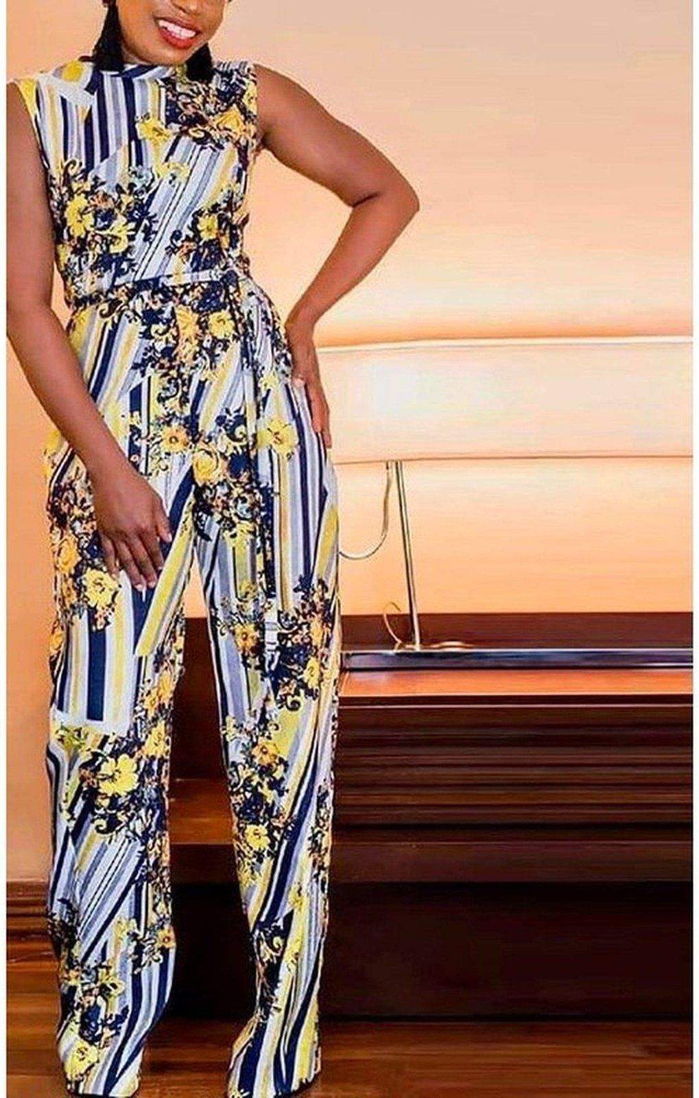 FLORAL PRINT TURTLENECK SLEEVELESS LONG WIDE LEG ROMPERS CHIC LADIES JUMPSUIT