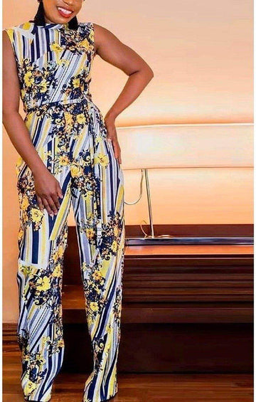 FLORAL PRINT TURTLENECK SLEEVELESS LONG WIDE LEG ROMPERS CHIC LADIES JUMPSUIT