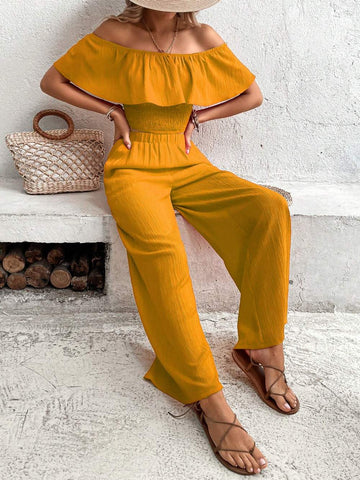 VCAY OFF SHOULDER RUFFLE TRIM TOP WIDE LEG PANTS
