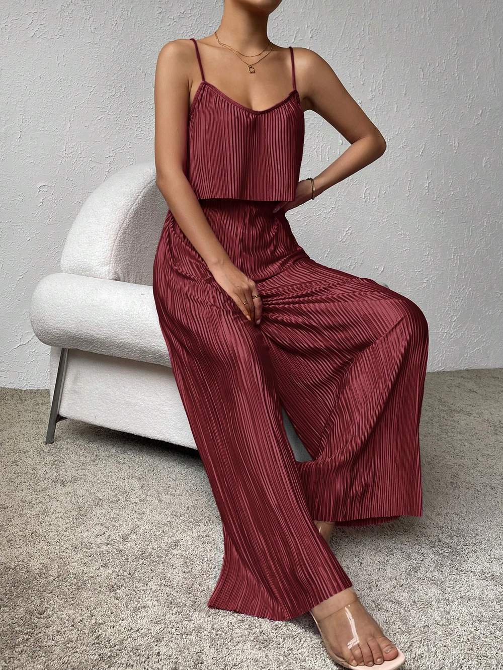ESSNCE WOMEN SOLID COLOR PLISSE CAMI TOP ELASTIC WAIST LONG PANTS SET TWO PIECES