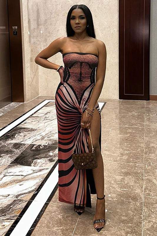 GRAPHIC STRAPLESS LONG DRESS