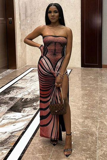 GRAPHIC STRAPLESS LONG DRESS