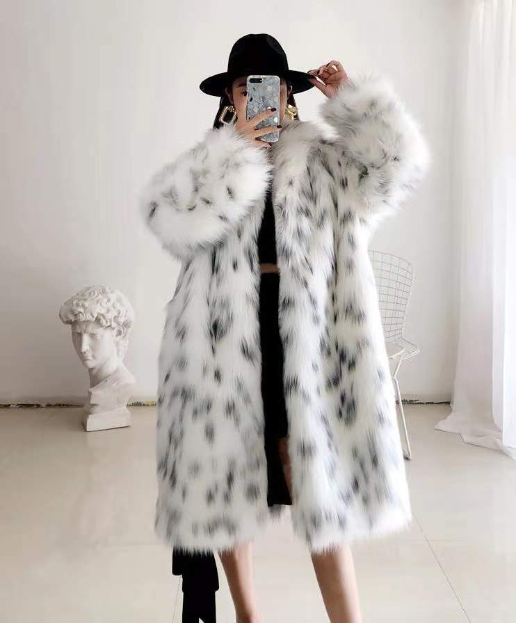 BOBCAT LEOPARD PRINT FUR WOMEN S LONG YOUNG LAPEL FOX FUR COAT