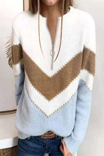 CASUAL COLOR BLOCK ZIP UP SWEATER