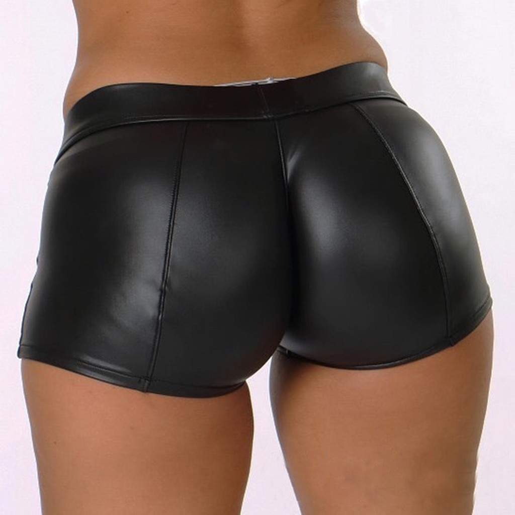 Women's Ruched Faux Leather Shorts Shiny Metallic Short Pants Gym Sportswear