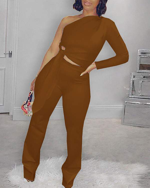Tied Detail One Shoulder Top Pants Set