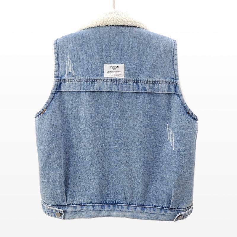 LAMB WOOL FLEECE LINED THICKENED PATCH DENIM VEST   WAISTCOAT