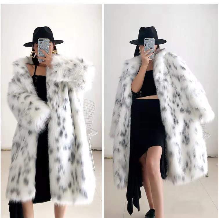 BOBCAT LEOPARD PRINT FUR WOMEN S LONG YOUNG LAPEL FOX FUR COAT