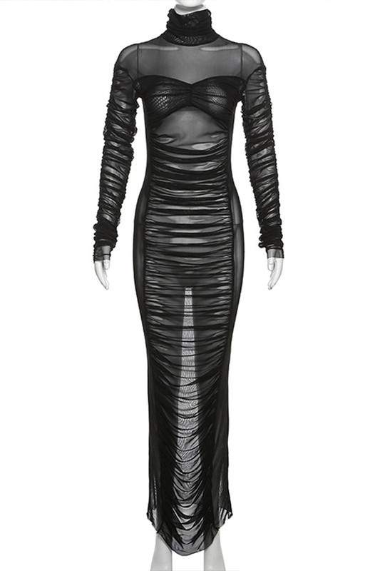 RUCHED MESH MAXI DRESS