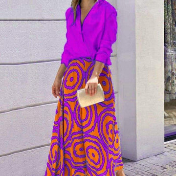 WOMEN TWO PIECE SET SEXY LAPEL SOLID COLOR TOP PRINT LONG SKIRT FASHION DRESS HIGH STREETWEAR