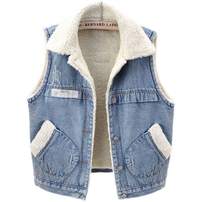 LAMB WOOL FLEECE LINED THICKENED PATCH DENIM VEST   WAISTCOAT