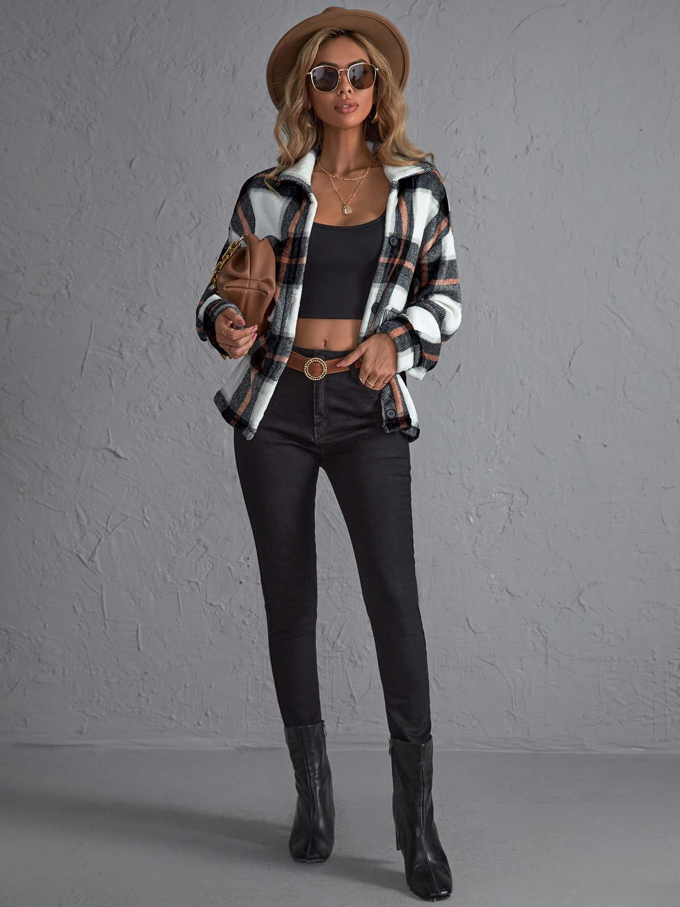 PLAID PRINT DROP SHOULDER JACKET
