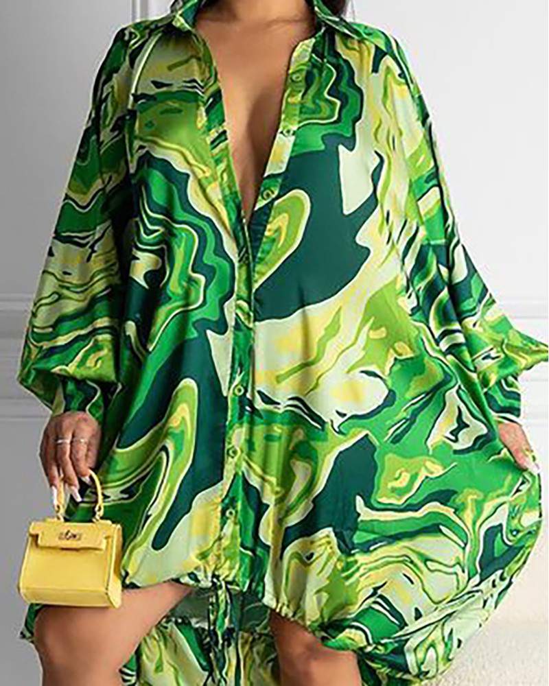 Colorblock Lantern Sleeve Drawstring Dip Hem Dress