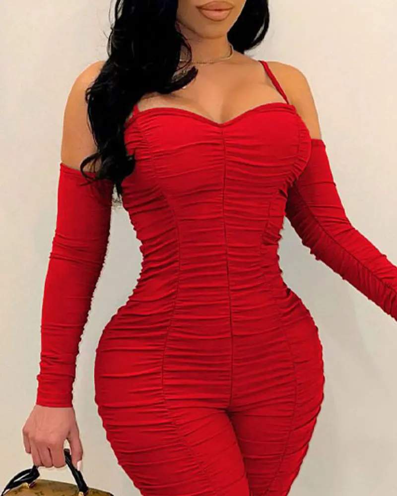 COLD SHOULDER RUCHED SKINNY JUMPSUIT