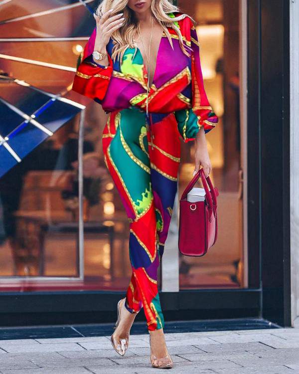 Colorblock Print Plunge Casual Jumpsuit