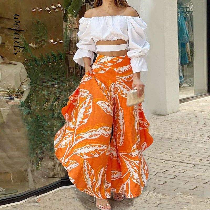 TWO PIECE ONE SHOULDER HALF SLEEVE TOP AND PRINTED LOOSE WIDE LEGS CASUAL PANTS SET