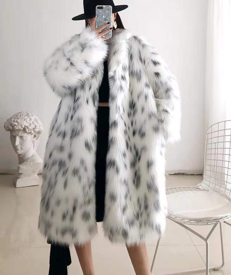 BOBCAT LEOPARD PRINT FUR WOMEN S LONG YOUNG LAPEL FOX FUR COAT