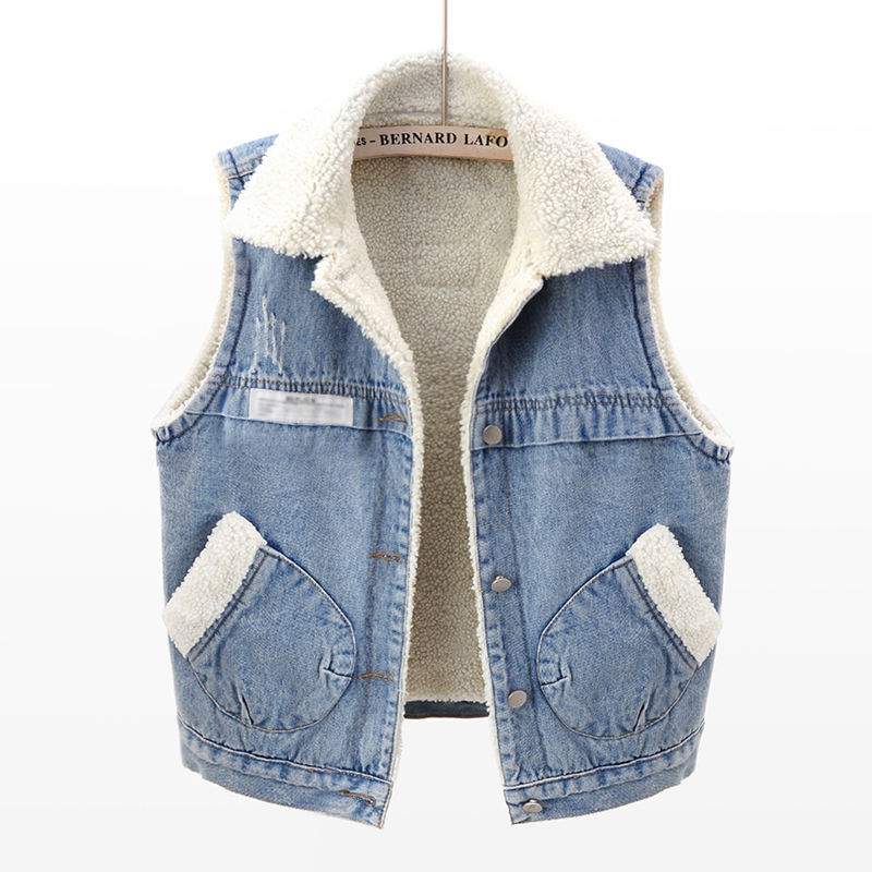 LAMB WOOL FLEECE LINED THICKENED PATCH DENIM VEST   WAISTCOAT