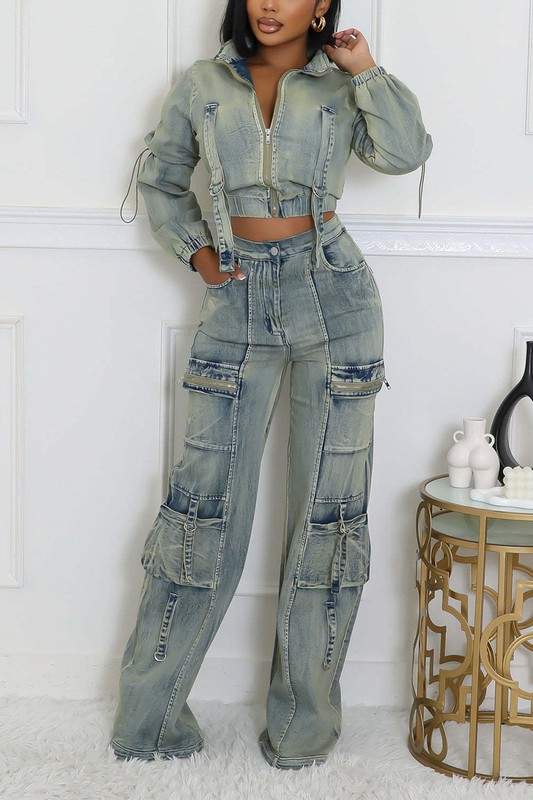 WASHED DENIM JACKETS CARGO PANT SETS