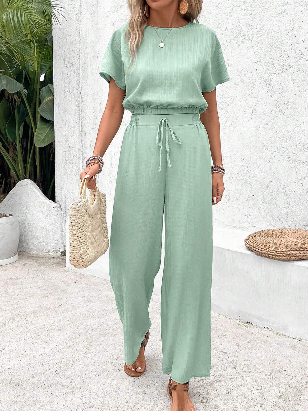 FRENCHY WOMEN S PANTS SET LOOSE TEXTURE SOLID COLOR CASUAL TWO PIECE SUIT