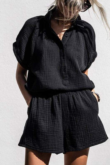 V NECK BUTTON TOP AND SHORTS SET