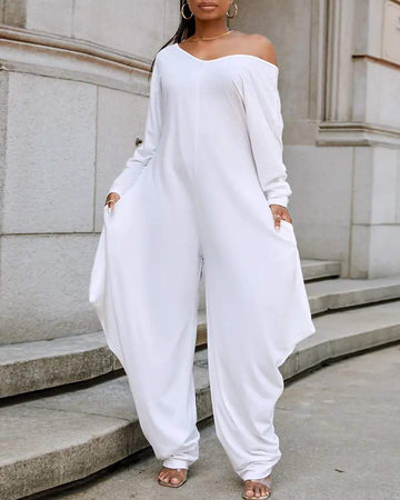 LONG SLEEVE V NECK HAREM JUMPSUIT