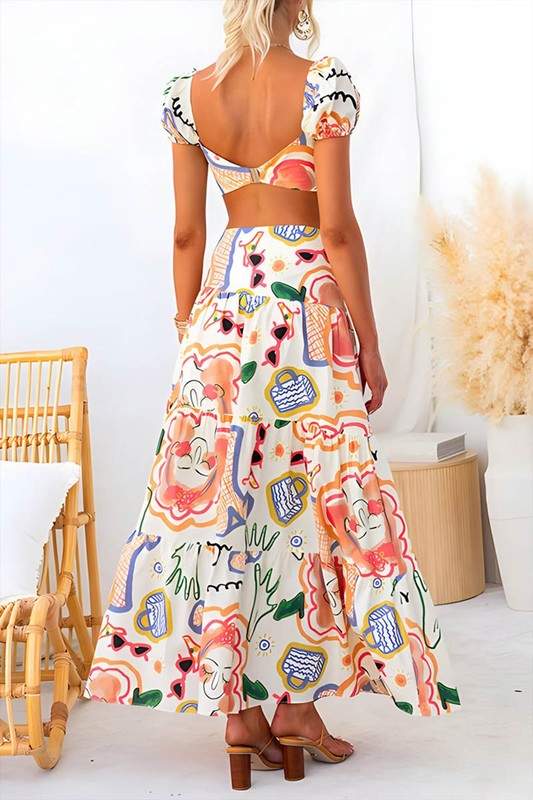 PRINTED PUFF SLEEVES TOP SKIRT SET