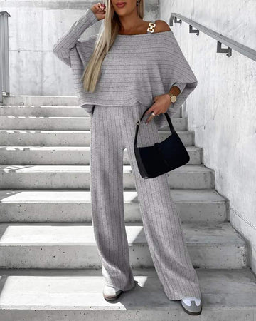 RIBBED COLD SHOULDER TOP PANTS SET
