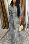 WASHED DENIM JACKETS CARGO PANT SETS