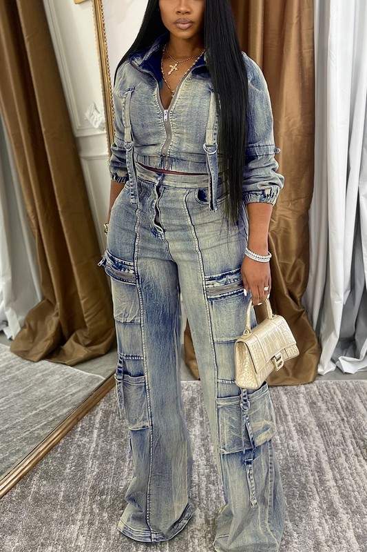 WASHED DENIM JACKETS CARGO PANT SETS