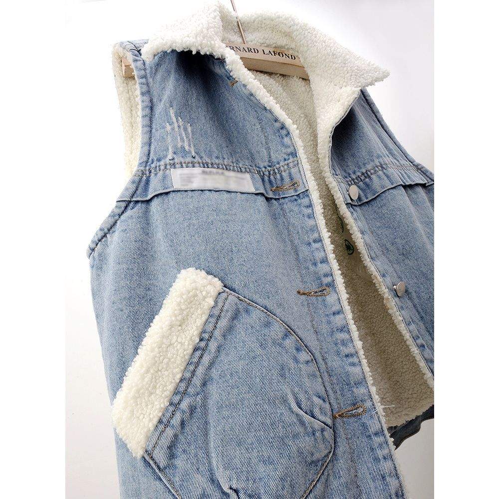 LAMB WOOL FLEECE LINED THICKENED PATCH DENIM VEST   WAISTCOAT